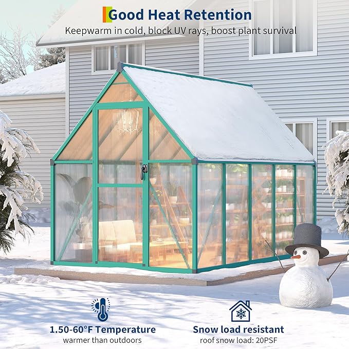 6 x 9 ft Greenhouse, Polycarbonate Walk-in Greenhouse with Aluminum Frame, Adjustable Roof Vent and Lockable Door, Easy Assembly, Green Houses for Outside, Garden, Backyard and Patio