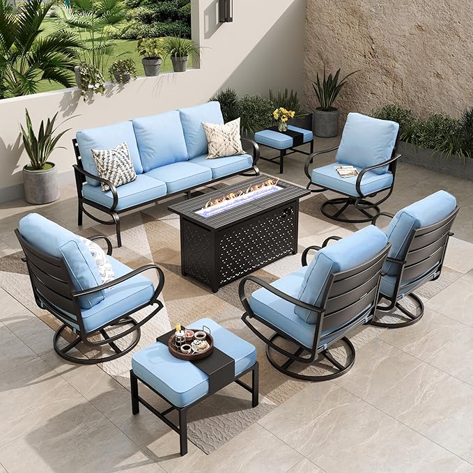 PHI VILLA Patio Furniture Set with Fire Pit Table,1x 3-Seat Wide Deep Seating Bench Sofa, 4 Swivel Sofa Chair, 1 Fire Pit Table,Outdoor Conversation Set for 9,Light Blue