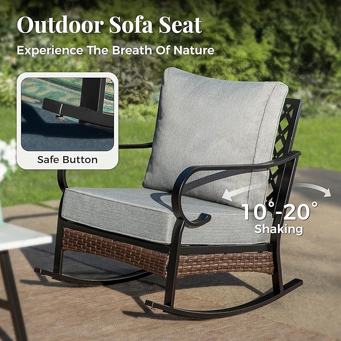 Patio Furniture Set with Coffee Table, Outdoor Conversation Set with 2 x Rocking Chair, 1 x 2-Seat Sofa for Lawn Garden Backyard, Grey