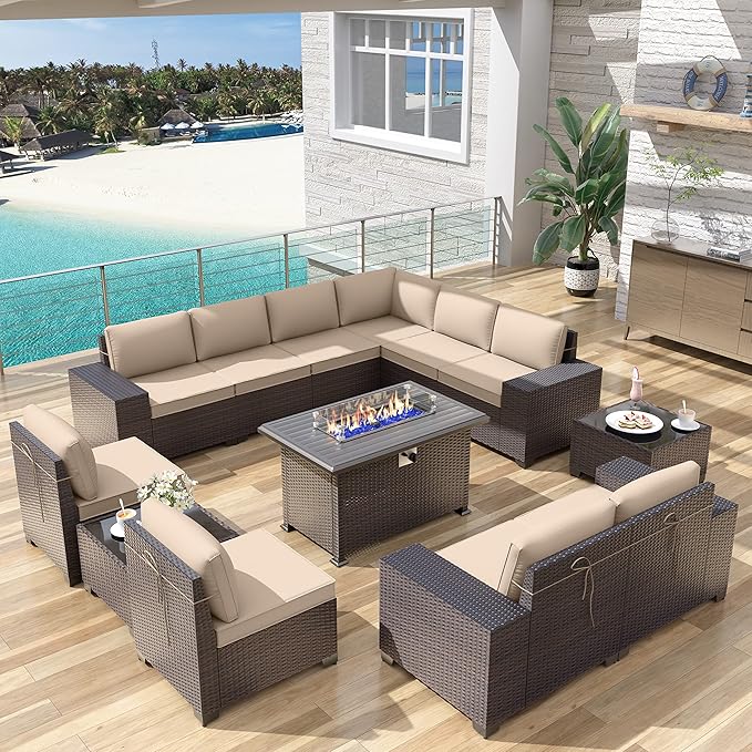 Kurapika 13 Pieces Patio Furniture Set, Rattan Wicker Outdoor Conversation Sets w/43in Propane Fire Pit Table(Sand)