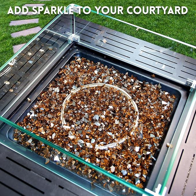 GasSaf 1/4 Inch Fire Glass Reflective Tempered Fireglass Cut Crushed FireGlass for Fire Pit, Fireplace, Replaces Existing Gas Logs & Lava Rocks (10 Pound)(Amber Reflective)