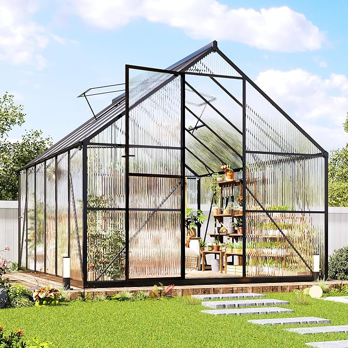 Jocisland 8x12Ft Polycarbonate Greenhouse, Heavy Duty Aluminum Frame with 2 Windows & Swing Doors, Outdoor Garden Greenhouses for Backyard, Black