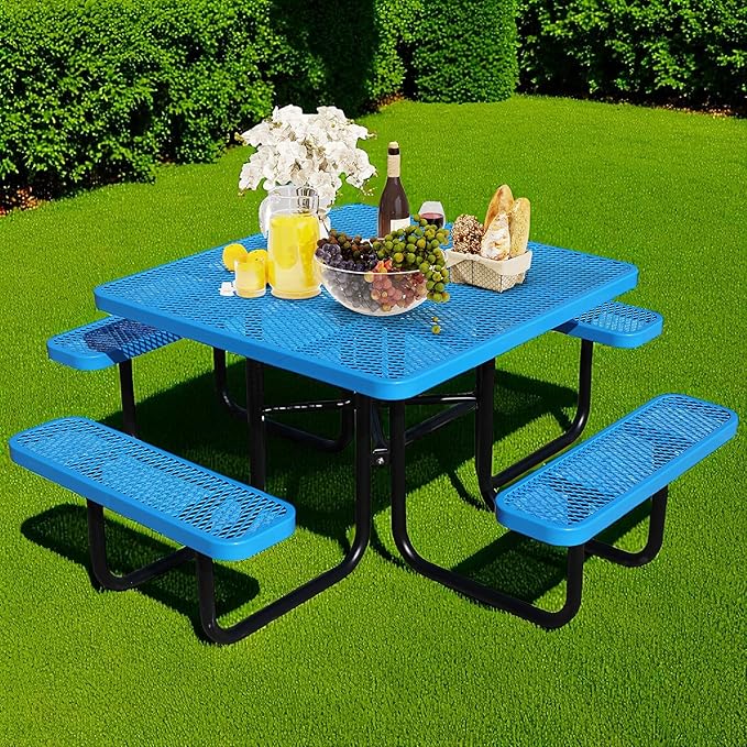 HIMcup 46" Square Picnic Table for Outside,Heavy Duty Metal Picnic Table Bench Set with 2in Umbrella Hole, 1600 lb Capacity,Commercial Dining Table Furniture for Garden Yard Patio Party Coffee Shop