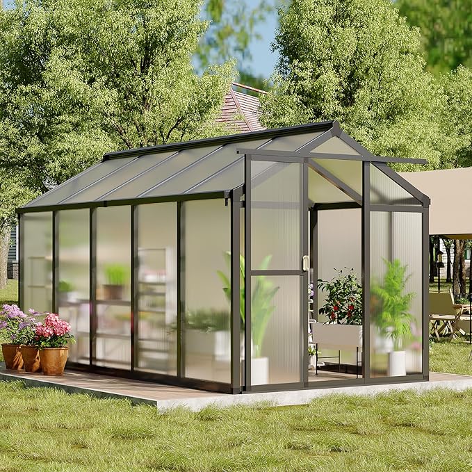 6x10 FT Greenhouse, Polycarbonate Walk-in Greenhouse for Outdoors with Roof Vent & Lockable Smooth-Gliding Sliding Door, Heavy-Duty Aluminum Green House for Garden, Backyard, Patio, Lawn, Dark Grey