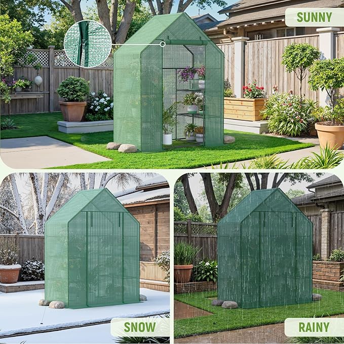 Greenhouse for Outside with Screen Windows, Outdoor Walk in Greenhouses with Durable PE Cover, 57 x 57 x 76'' Small Portable Green House with Shelves Stands,Green