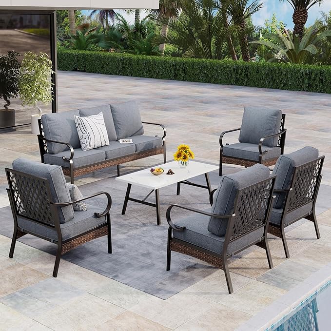 Patio Furniture Set with Coffee Table, Outdoor Conversation Set with 4 x Fixed Chairs, 1 x 3-Seat Sofa for Lawn Garden Backyard, Grey
