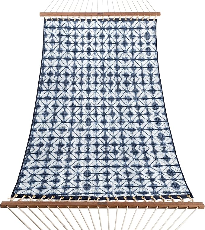 Nags Head Hammocks Midori Indigo Sunbrella Quilted Hammock – 13 ft. x 55 in., 450 lb Capacity, Cumaru Spreader Bar, Rolled Rim Grommets, Handcrafted in The Carolinas