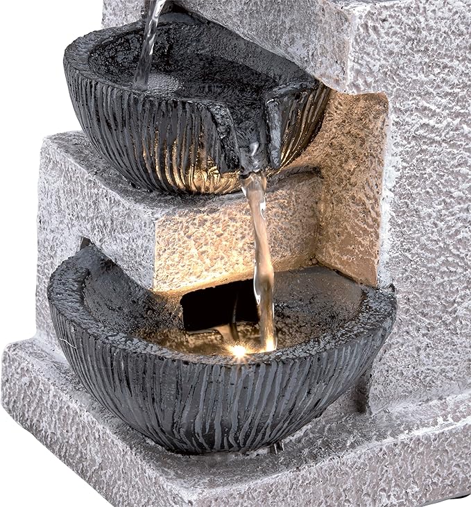 Alpine Corporation WIN1578 14" Cascading Tabletop Bowl Fountain with LED Lights – Elegant Water Fountain for Home, Office, Living Room, Bedroom, and Desk, Gray