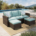 Small Patio Furniture Set, 3 Pieces Wicker Outdoor Sectional Set, L-Shaped Patio Couch Set, Modular Rattan Conversation Set with Lounge Sofa and Ottomans for Deck Lawn Garden, Blue