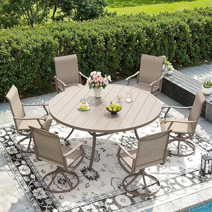DIFY 53" Round Outdoor Patio Dining Table for 8, Metal Patio Table with 1.57" Adjustable Umbrella Hole, All-Weather Dining Furniture Table for Backyard Lawn Garden, Cream