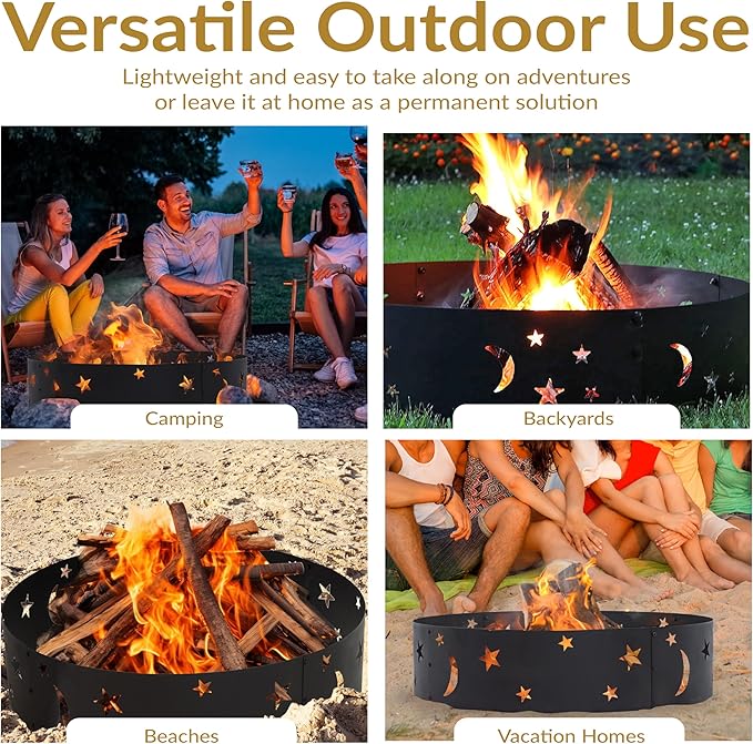 Sunnydaze 36-Inch Outdoor Fire Ring - Portable Metal Fire Pit Ring for Camping or Backyard - 360-Degree Moons and Stars Cutout - Big Sky