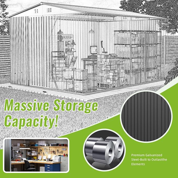 PABIMIA10X10 FT Outdoor Storage Shed, Durable Metal Outside Storage with Lockable Doors, Waterproof Storage Shed for Tools, Equipment, Ideal for Backyard Garden Patio Lawn