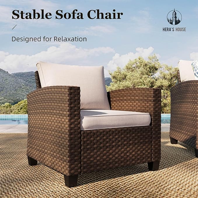 HERA'S HOUSE Patio Furniture Set, 5 Pieces Outdoor Wicker Furniture, All Weather Rattan Patio Conversation Set, Deep Seating Outdoor Sofa Sets for Lawn Deck Backyard, Brown/Beige