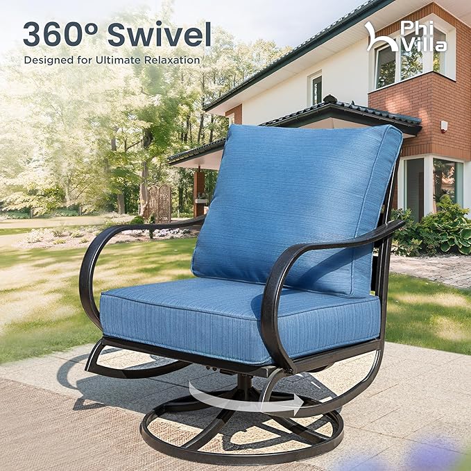 PHI VILLA 4 PCS Patio Furniture Sets for 5 Person with 1 x 3-Seat Deep Seating Bench, 2 x Cushioned Swivel Sofa Chairs & 1 x Coffee Table, Outdoor Metal Conversation Set for Lawn Garden, Peacock Blue
