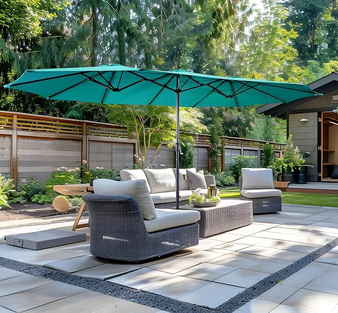 Bigroof 15ft x 9ft Patio Double-Sided Umbrella with Base & Crank, Extra Large Rectangular Outdoor Umbrella for Patio, Lawn & Garden, Beige