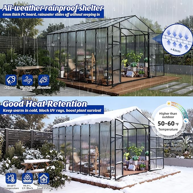 KEIKI Walk-in 10x14 FT Polycarbonate Greenhouse, Aluminum Frame Outdoor Greenhouse with Roof Vent, Anchor Base & UV-Blocking Panels for Backyard Gardening, Black