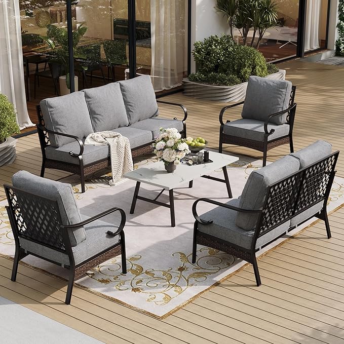SUNSHINE VALLEY 5 Piece Metal Outdoor Patio Furniture Set, Patio Conversation Set with 1 3-Seater Sofa, 2 Fixed Sofa with 5.75" Thick Cushion & Coffee Table, Black & Gray Backyard Furniture
