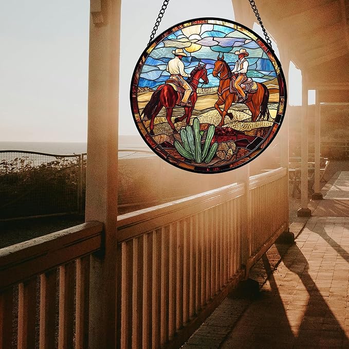 QZQCBLC Stained Glass Window Hanging Western Cowboys Riding Horses 7.8" - Suncatcher Door Garden Sun Catcher Home Decor Birthday Christmas for Woman Nana Friend Men Kids