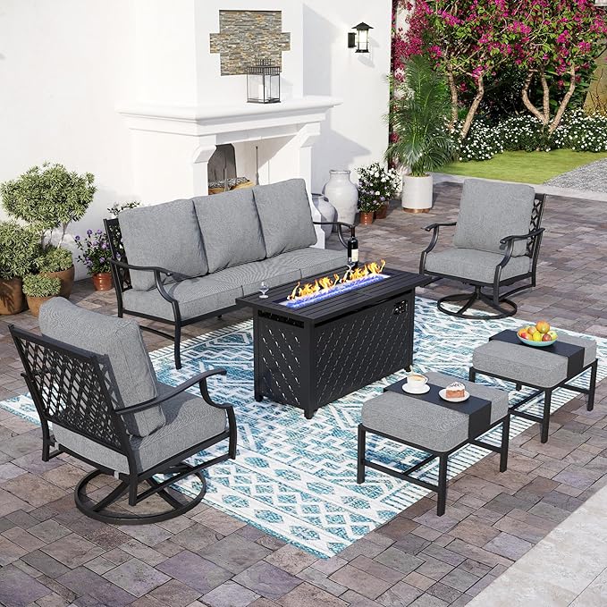 SUNSHINE VALLEY 6 Piece Metal Outdoor Patio Furniture Set with Firepit Table, Patio Conversation Set 1 3-seater Sofa, 2 Swivel Chair, 2 Ottoman with 5.75" Thick Cushion, Black Backyard Furniture, Gray