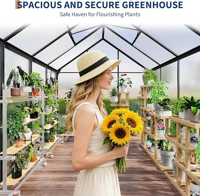 GarveeHome 6 x 8 FT Polycarbonate Greenhouse, Winter Greenhouses for Outdoors with Aluminum Frame, Sliding Door, Adjustable Roof Vent, Backyard Green Houses, Patio Garden, Black
