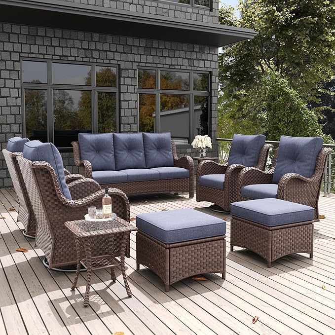 LayinSun 9 Pieces Outdoor Patio Furniture Set, Rattan Wicker Sectional Swivel Rocker Chairs Sets with Ottomans, Swivel Glider Chairs and Coffee Table