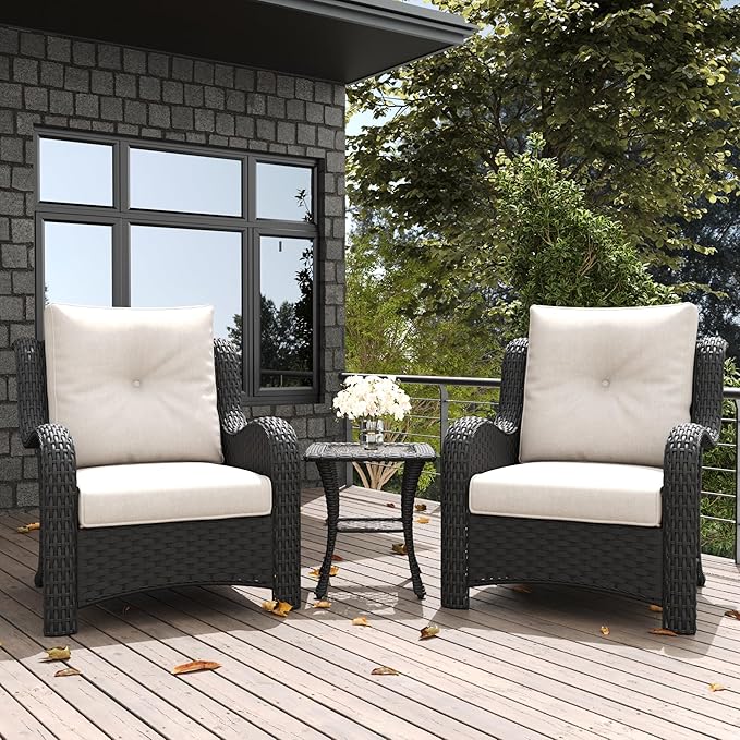 LayinSun 3 Pieces Outdoor Patio Furniture Set, Rattan Wicker Chairs Sets with Armchairs and Coffee Table