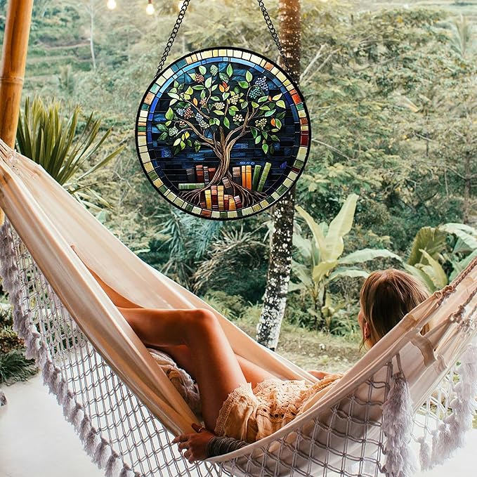 QZQCBLC Stained Glass Window Hanging Green Life Tree Berry Book Large 11.8" - Blue Suncatcher Door Garden Sun Catcher Home Decor Birthday Christmas for Mom Men Woman Nana Friend