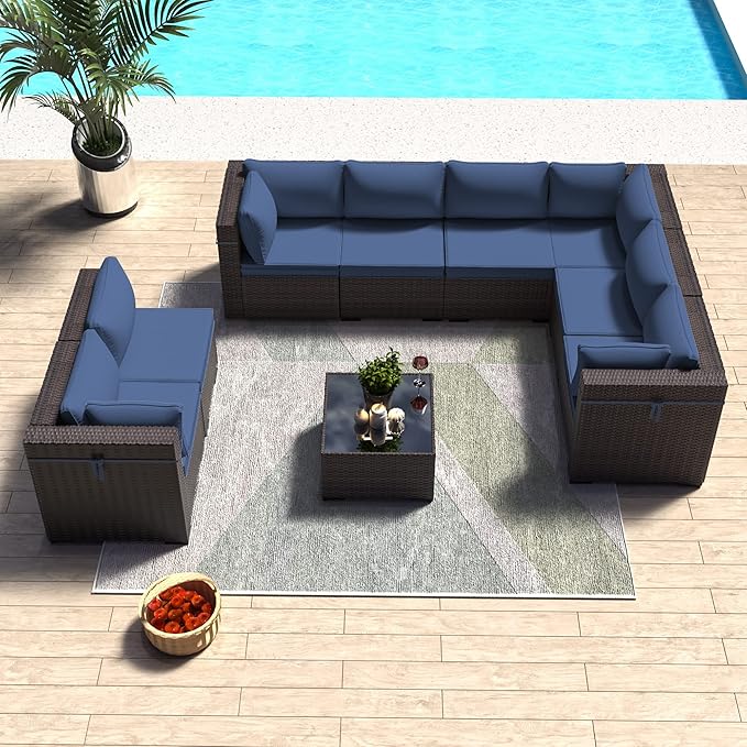 Outdoor Patio Furniture Set, 9 Pieces Outdoor Sectional Furniture Patio Set, All-Weather PE Rattan Patio Conversation Set with Tempered Glass Top Table & Cushions(Dark Blue).