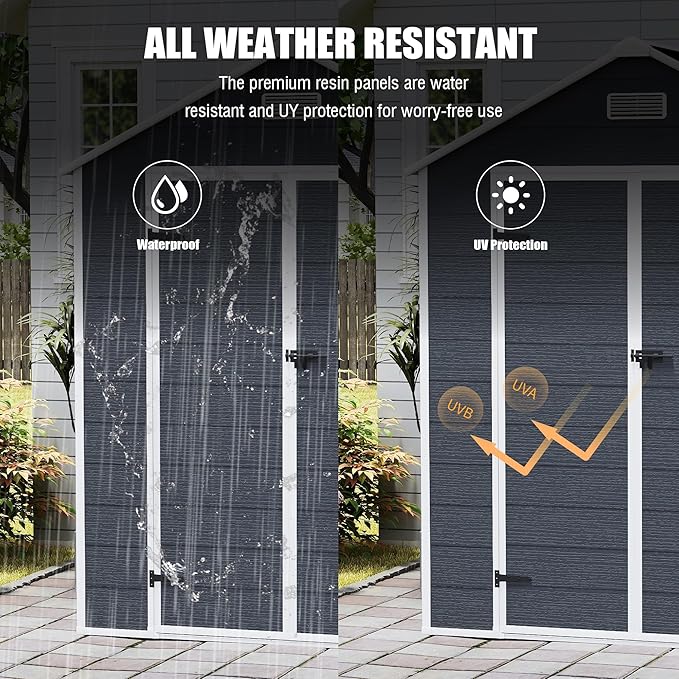 Outdoor Storage Shed 5.5FTx5.5FT, Resin Shed with Floor & Window, Lockable Door, Vents, Outside Sheds & Garden Shed for Patio Furniture, Gardening Tools, Pool Equipment (Dark Gray, 5.5 * 5.5ft)