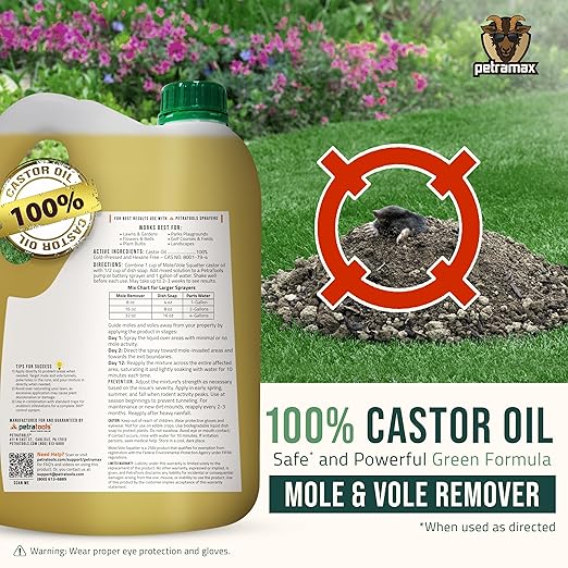 PetraMax Castor Oil Mole Repellent for Lawns - Best Anti Mole and Vole Repellent of Outdoor Space - How to Get Rid of Moles in My Yard, Garden Or Lawn, Safe and Effective Vole Deterrent (135 fl oz)