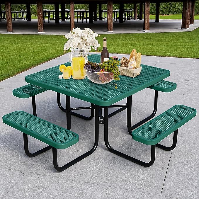 HIMcup 46" Square Picnic Table for Outside,Heavy Duty Metal Picnic Table Bench Set with 2in Umbrella Hole, 1600 lb Capacity,Commercial Dining Table Furniture for Garden Yard Patio Party Coffee Shop