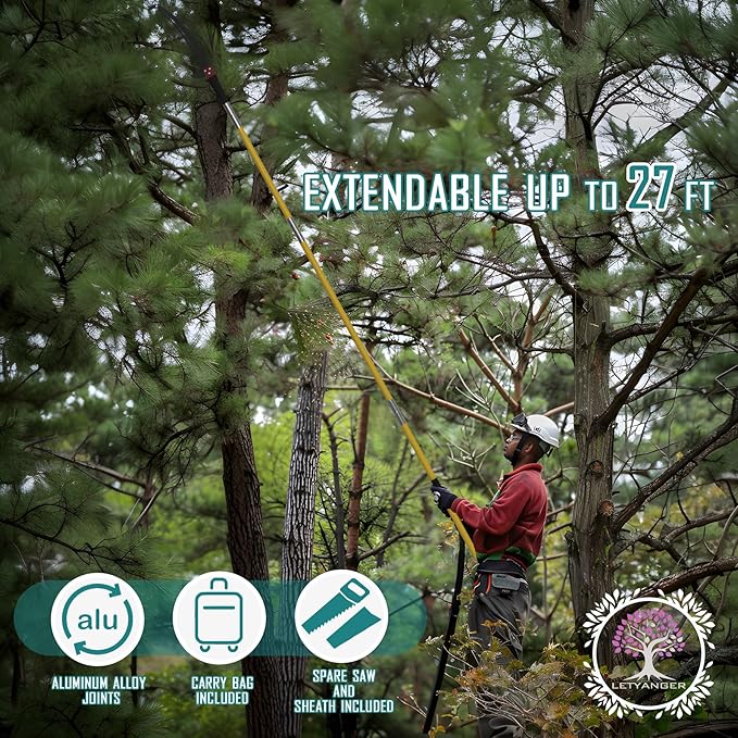 Pole Saws for Tree Trimming, 7.3-27 ft Extendable Tree Trimmers Long Handle Pruner, Sharp Steel Blade and Scissors High Branches Trimming, Tree Pruner, Tree Saw (7.3-27 ft)