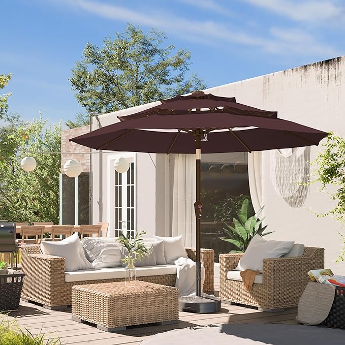 Ayge 9FT 3-Tier Large Outdoor Patio Umbrella Market Table Umbrella-UV Resistant,Easy Push Button Tilt and Crank,8 Sturdy Fiberglass Ribs Heavy-Duty Pool Umbrella for Deck,Backyard,Garden,Yard,Brown
