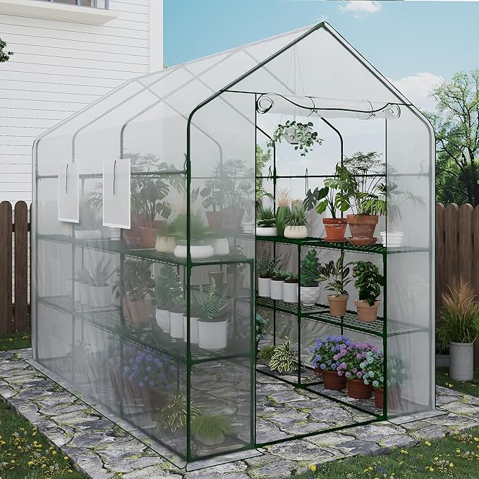 Greenhouse, 57 x 85 x 77'' Greenhouses for Outdoors, with Mesh Side Windows, PE Cover, 8 Shelves, Heavy Duty Walk in Green House for Backyard Garden Indoor, White& Green Outside