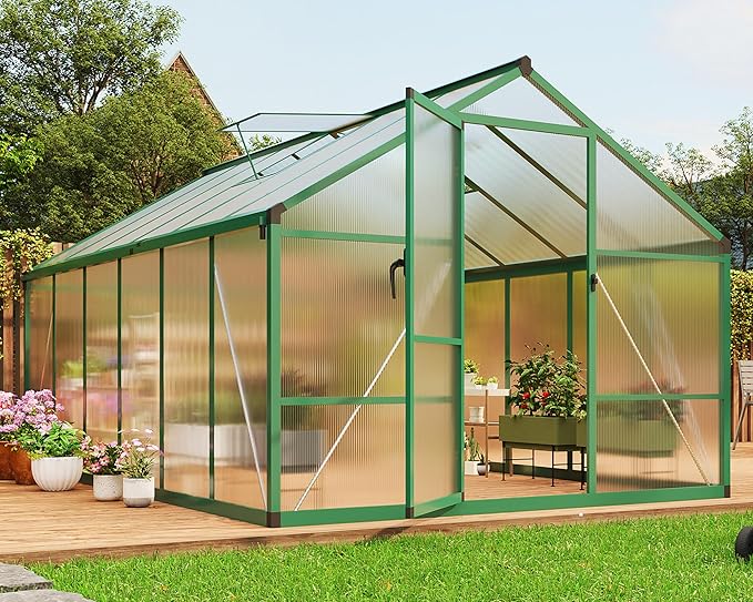 8×12 FT Greenhouse, Large Walk in Greenhouses for Outdoors and Garden Planting, Polycarbonate Greenhouse with Enhanced Aluminum Frame, Green Houses with Quick Setup Structure and Roof Vent, Green