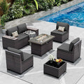 Outdoor Patio Furniture Set with Fire Pit Table, 7 Pieces Patio Furniture Set Outdoor Sectional Sofa w/43in Propane Fire Pit, PE Wicker Rattan Patio Conversation Sets - Black
