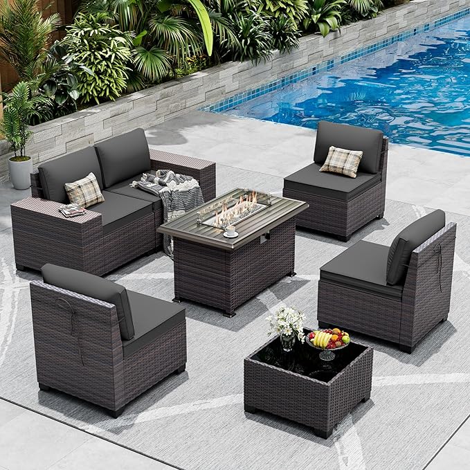 Outdoor Patio Furniture Set with Fire Pit Table, 7 Pieces Patio Furniture Set Outdoor Sectional Sofa w/43in Propane Fire Pit, PE Wicker Rattan Patio Conversation Sets - Black