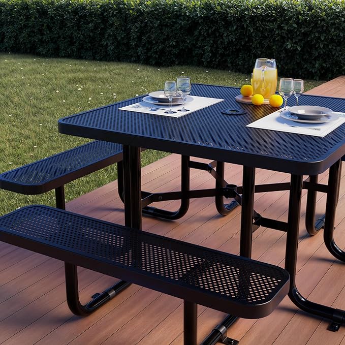 Metal Picnic Tables for Outdoors with Umbrella Hole - Coated Steel Heavy Duty Commercial Grade Furniture with Adjustable Seats (Black, 46 in, Square, Punched Steel)
