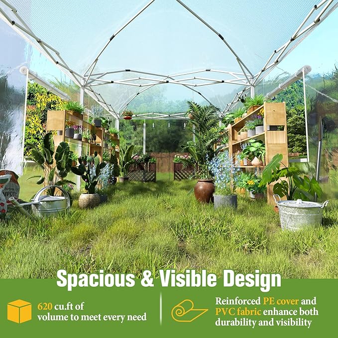 AMERLIFE 19.2×10×8.5 FT Pop-up Greenhouses for Outdoors Indoor with Adjustable Strong Frame, Movable Walk in Greenhouse with 2 Roll-up Zipper Doors, Windows and PE Cover, White