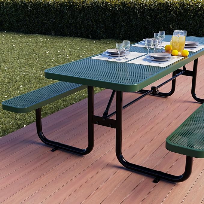 Commercial Heavy-Duty Metal Picnic Table - ADA Compliant, Adjustable Seats, Umbrella Hole (Green, 8' Rectangular, Punched Steel)