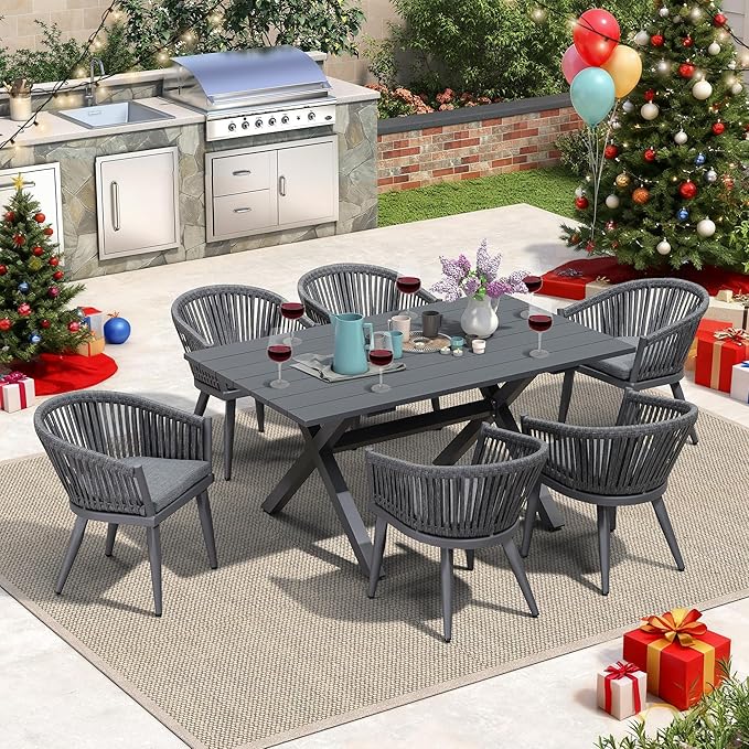 PURPLE LEAF 7 Pieces Outdoor Dining Set with Patio Aluminium Dining Table and Wicker Rattan Chairs Modern Furniture Cushions Sets for Backyard Indoor Decor Kitchen Grey