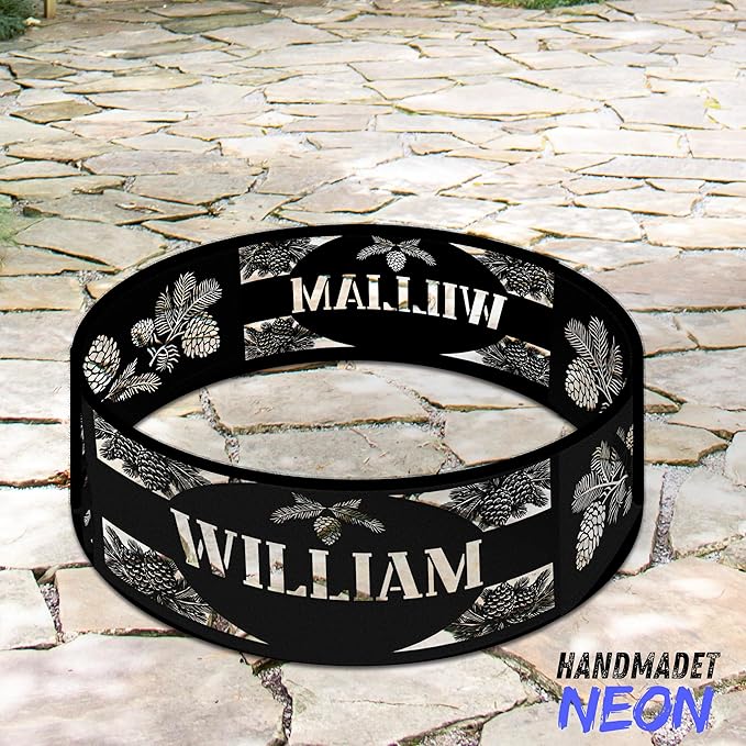Personalized Fire Pit Ring Pine Bough Custom Name Rustic Metal Campfire Ring 360 Degree Fire Pit Outdoor BBQs Backyard Camping Garden Decor for Father Dads
