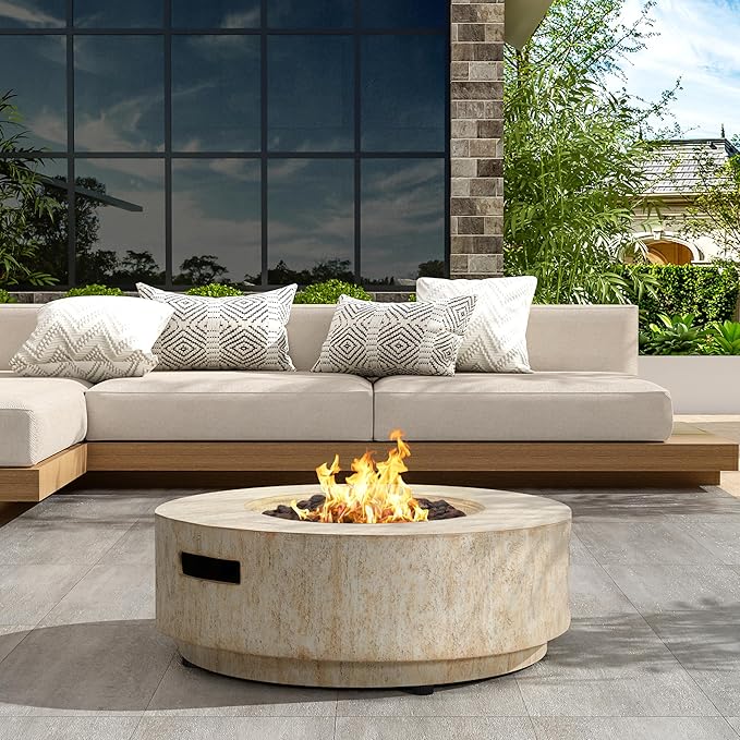 Merax 40,000 BTU Propane Fire Pit Table with Lid, MGO Concrete Outdoor Patio Heater, 2-in-1 Coffee Table with Adjustable Flame, Travertine Beige(Tank Cover Not Provided)