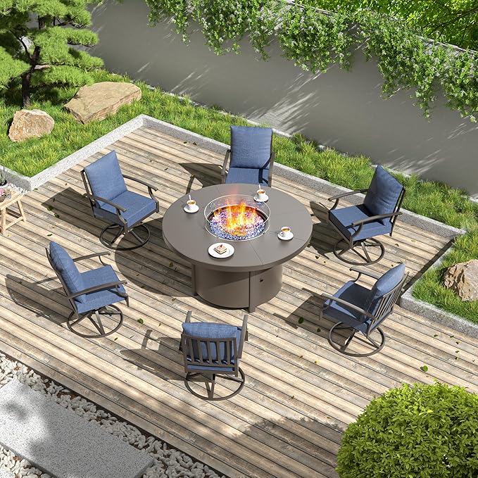 7 Pieces Patio Furniture Set with Round Fire Pit Table, Outdoor Conversation Sets 6 Swivel Chairs with Upgrade Cushions for Patio, Backyard Dark Blue
