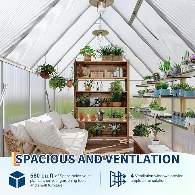 GAOMON 6x7 FT Outdoor Greenhouse with Roof Vent - Heavy Duty Aluminum Polycarbonate Greenhouse, Easy Assembly, Lockable Door, for Patio, Backyard, Garden