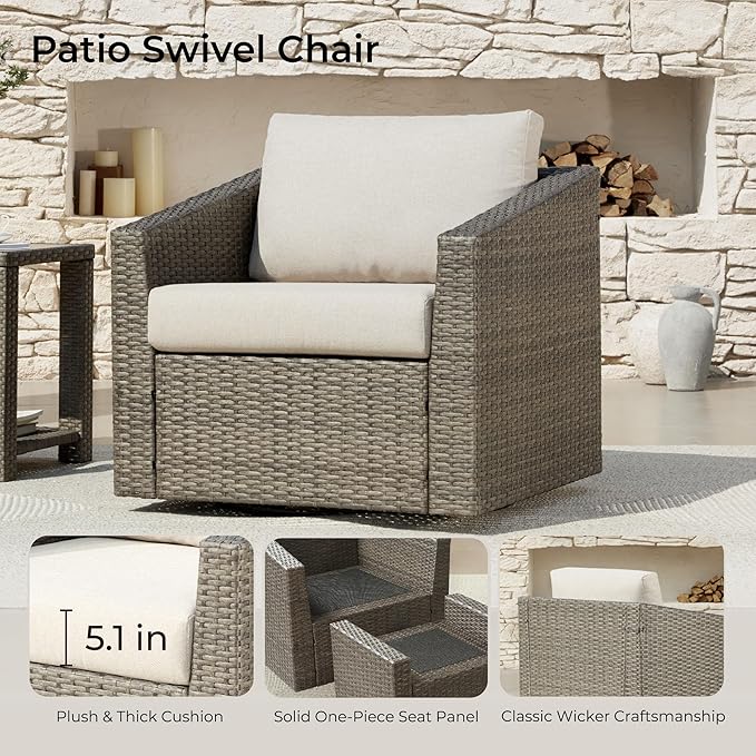 CHITA 3 Pieces Wicker Patio Bistro Set, Outdoor Furniture Set with 2 Pieces Rattan Swivel Chairs, Thickened Cushions and Side Table, Beige Cushions with Grey Wicker