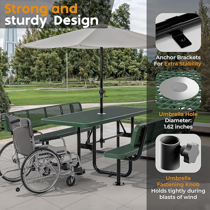 Commercial Heavy-Duty Metal Picnic Table with Backrest - ADA Compliant, Adjustable Seats, Umbrella Hole, Expanded Metal (Green, 6' Rectangular with Back)