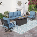 SUNSHINE VALLEY 4 Piece Metal Outdoor Patio Furniture Sets with 5000 BTU Firepit Table, Patio Conversation Sets 1 3-seater Sofa, 2 Swivel Chair with 5.75" Thick Cushion, Black Backyard Furniture, Navy