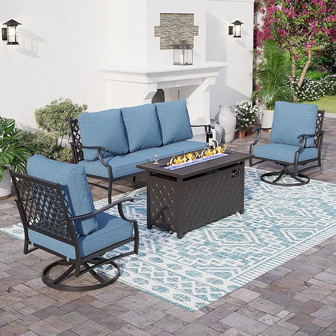 SUNSHINE VALLEY 4 Piece Metal Outdoor Patio Furniture Sets with 5000 BTU Firepit Table, Patio Conversation Sets 1 3-seater Sofa, 2 Swivel Chair with 5.75" Thick Cushion, Black Backyard Furniture, Navy