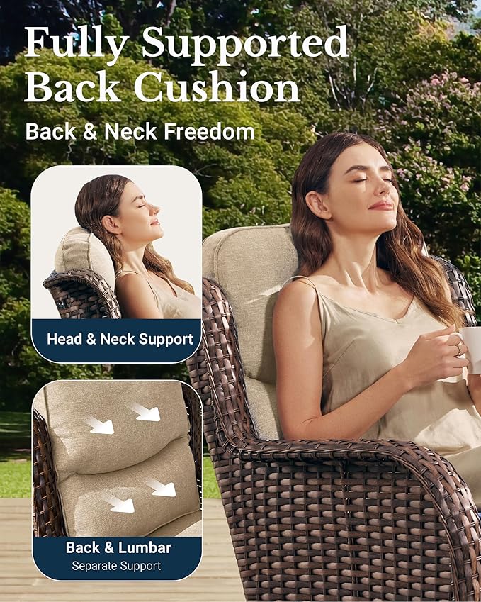 HILLGA Luxury Outdoor Swivel Rocker Patio Chairs of 2 with 6 Inch Thick Cushions and Side Table, Swivel Outdoor Chairs 3PCS High Back Wicker Patio Furniture Set for Porch, Balcony, Deck in Beige